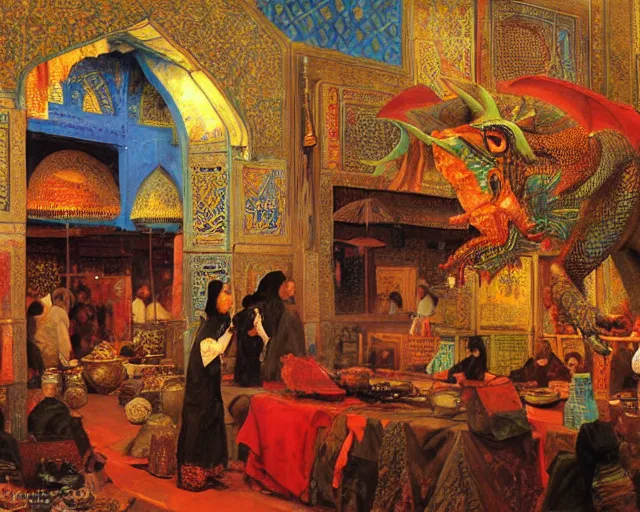 Image similar to an oil painting in the style of orientalism of dragons on display in a dragon auction in the grand bazaar of isfahan by edwin lord weeks