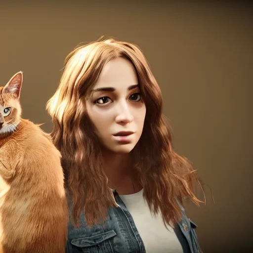 Image similar to two women playing with cats ; photorealistic ; unreal engine