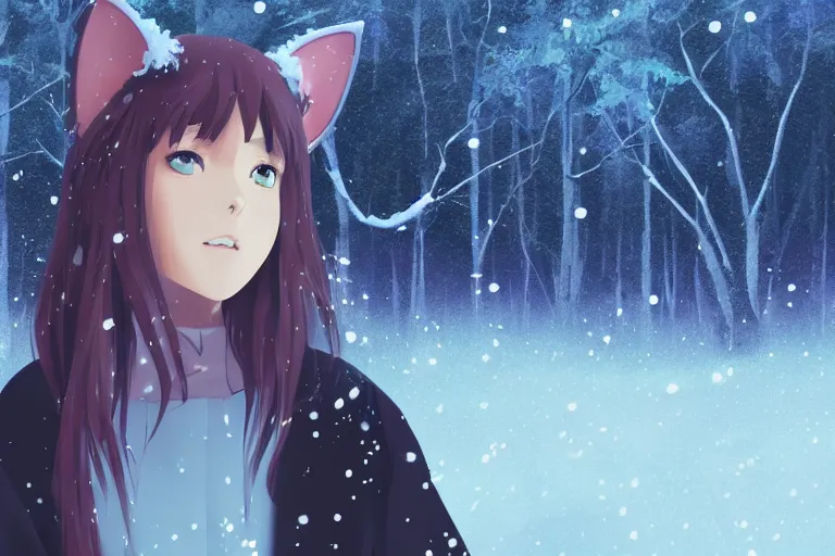 Prompt: female mage with cat ears in a snowy forest, detailed attractive face, fantasy art, anime style, by makoto shinkai, by studio ghibli, atmospheric, vector art, 4 k film still, close up portrait