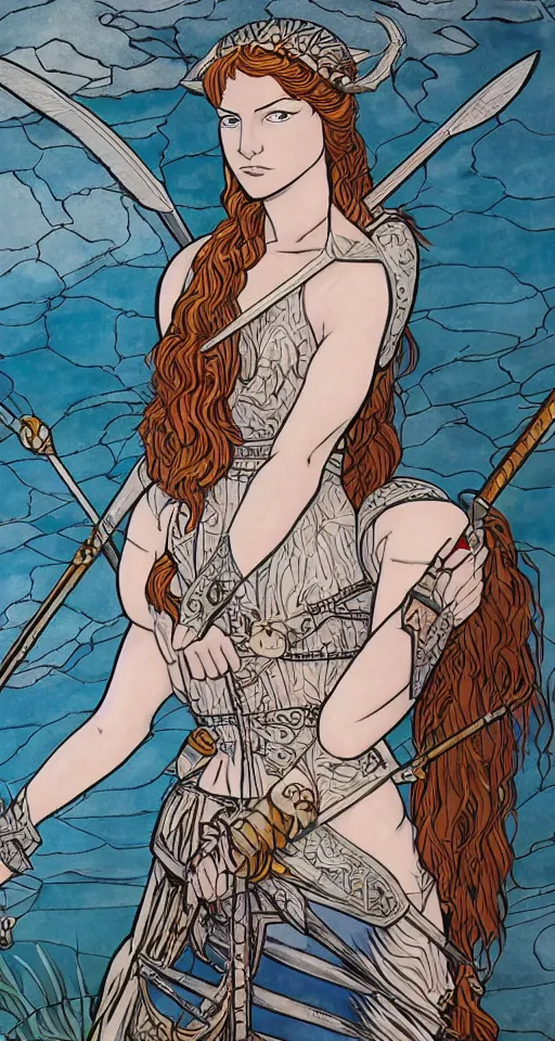 Image similar to boudica the barbarian queen, in a mixed style of Botticelli and Æon Flux, inspired by pre-raphaelite paintings and shoujo manga, a misty moor landscape in the background, hyper detailed, stunning inking lines, flat colors, 4K photorealistic