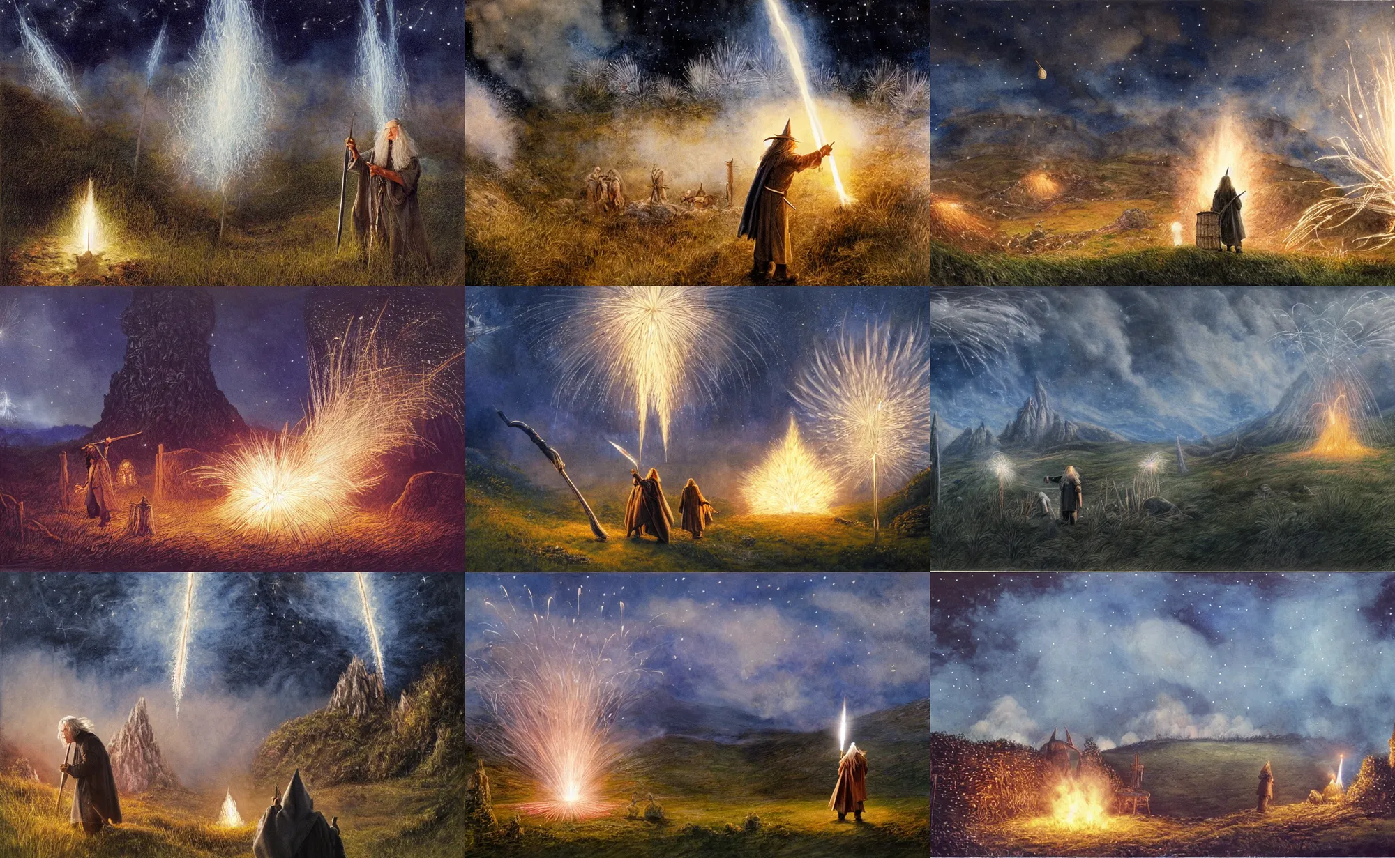 Prompt: gandalf lighting a large firework in the shire near the party tree, by alan lee, intricate, night sky, firework smoke trails, hobbit holes in the background, artstation, oil painting.