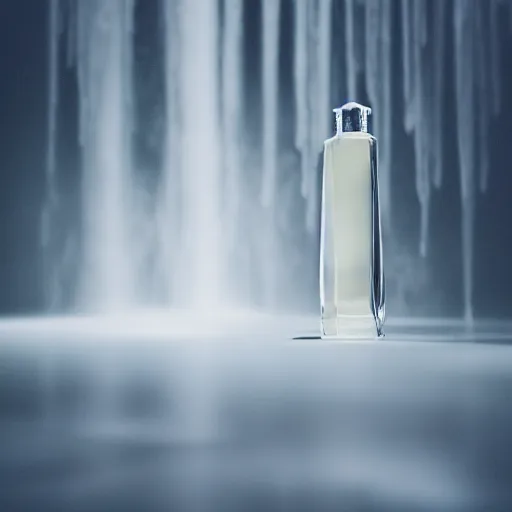 Image similar to centered white perfume standing on top of a clear, blue, waterfall, clean, surreal photography, illumination lighting, sharp focus, vogue