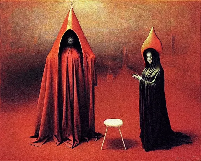 Image similar to devotion to the scarlet woman, priestess in a conical hat, coronation, ritual, sacrament, by francis bacon, beksinski, ( bosch ), mystical redscale photography, opulence, luxury, maximalism.