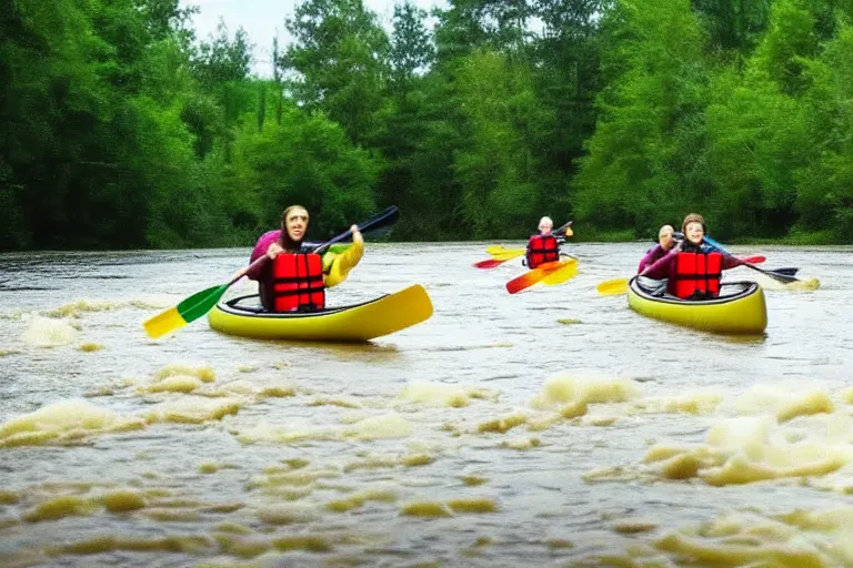 Prompt: youtube thumbnail of people canoing down a river