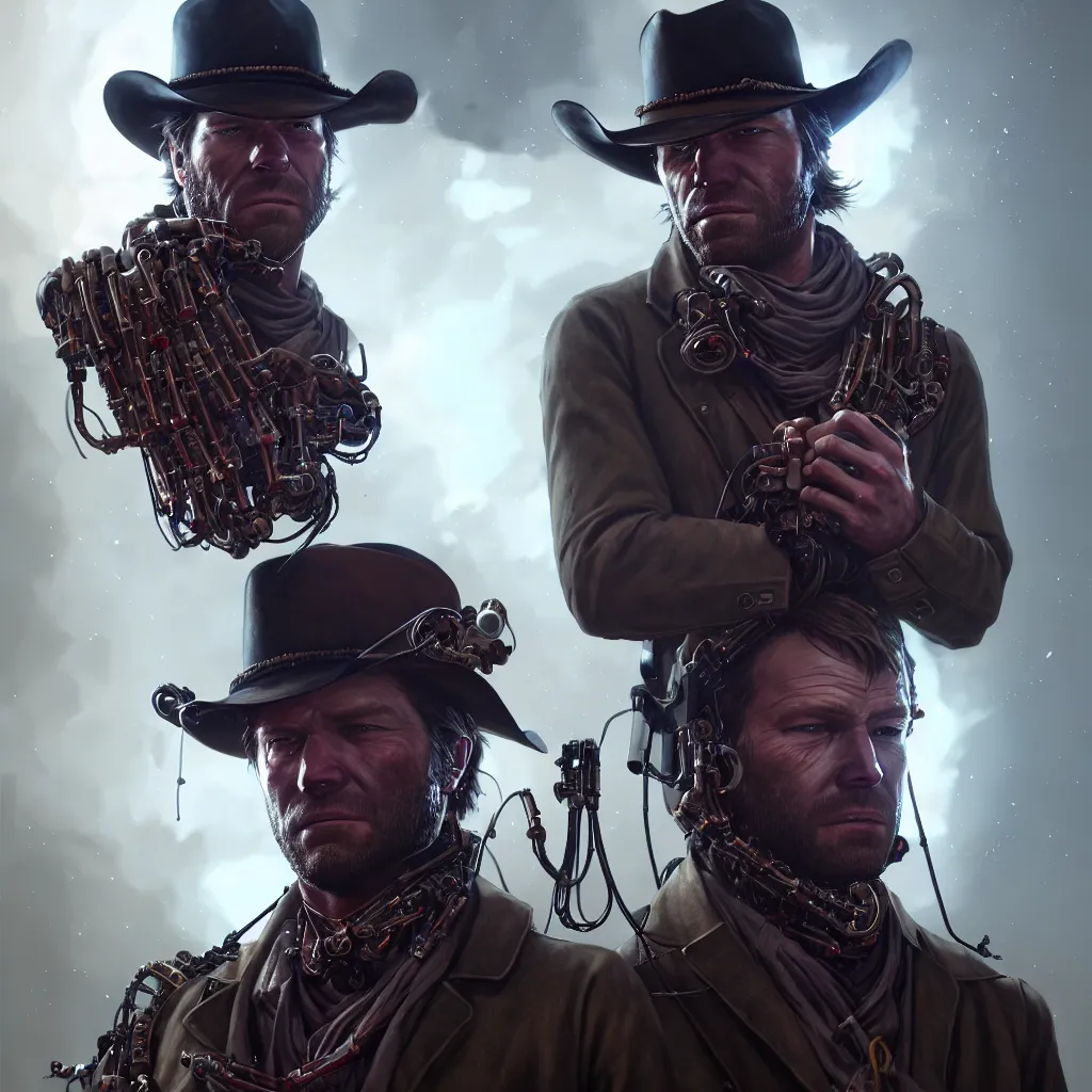 Image similar to an image of Arthur Morgan from Red Dead Redemption as a cyborg, barely human and largely biomechanical machine, hyper-realistic cyberpunk style, Peter Mohrbacher Takayuki Takeya moody, face by Yanjun Cheng, Irakli Nadar, dramatic cinematic lighting rendered by octane, 8k, detailed, intricate, clean and textures, trending on artstation, deviantart google images, pinterest