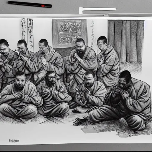 Image similar to pencil sketch of raekwon of wutang clan praying in front of a shaolin temple art by kim jung gi