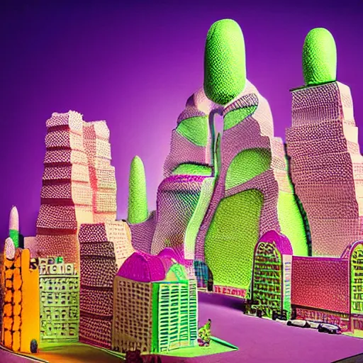 Image similar to The kinetic sculpture depicts a city made entirely out of kulich, a traditional Russian Easter bread. The city is bustling with activity, as people go about their day-to-day lives. The illustration is playful and whimsical, with a touch of magic. studio lighting, neon purple by Cindy Sherman chaotic