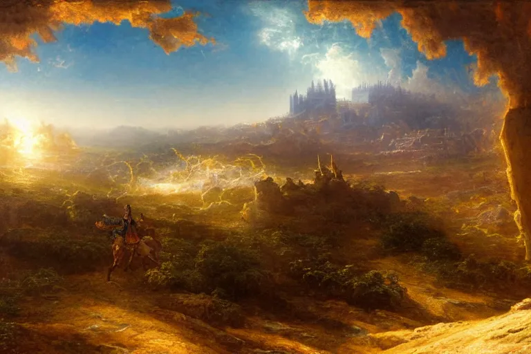 Image similar to an ultra detailed matte landscape painting of king richard the lionhearted as a shonen anime protagonist attacking jerusalem, 8 k, volumetric lighting, art by albert bierstadt and greg rutkowsi