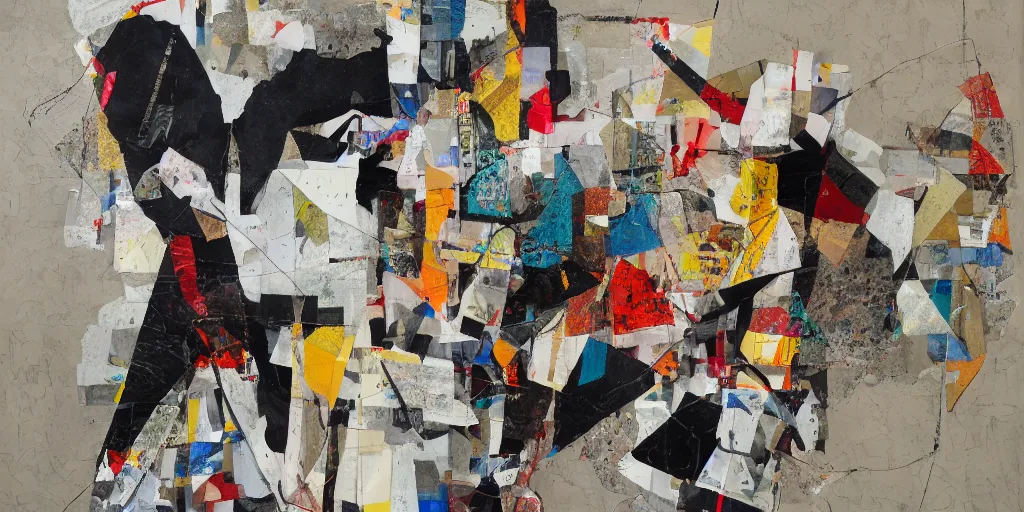 Prompt: mad dog on a chain, collage, sweeping paper and acrylic on canvas, minimalism and expressionism movement, breathtaking detailed, by natalia dumitrescu