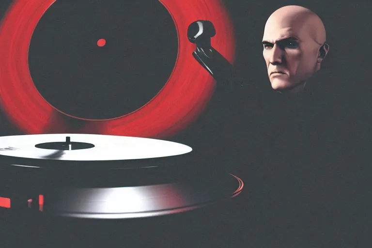 Prompt: an expressive portrait of agent 4 7 from hitman wearing headphones and putting a vinyl record onto a turntable, dark background, red rim light, digita, l