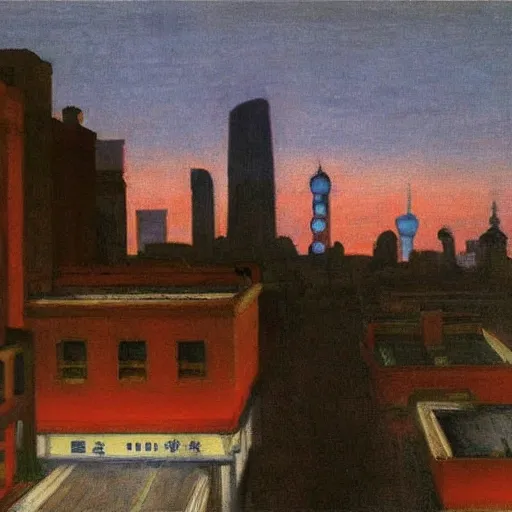 Image similar to a small rooftop with company of people sitting, shanghai bund is on the background, night, by edward hopper