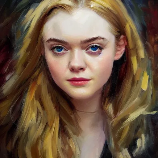 Image similar to professional painting of Elle Fanning in the style of Michael Garmash, head and shoulders portrait, symmetrical facial features, smooth, sharp focus, illustration, intricate, stormy weather, extremely detailed masterpiece,