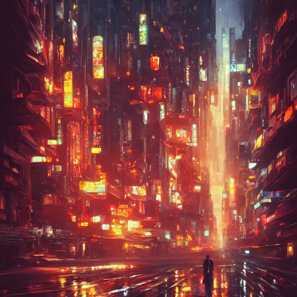 Image similar to an epic painting of the city street road, oil on canvas, cold colors, perfect composition, golden ratio, beautiful detailed, photorealistic, digital painting, artstation, concept art, smooth, sharp focus, illustration, cyberpunk background, artstation trending, octane render, unreal engine