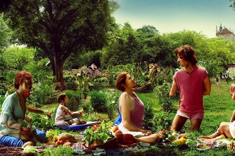 Prompt: An Utopia : In a large city, old roads are transformed into a gardens growing fruits and vegetables, a family composed of two women from different etnicity and a genderless child, are having a Picnic and reading philosophy by Eric Rohmer, close-up, 8K, award winning movie, 16mm, very beautiful, stunning, calm atmosphere, warm