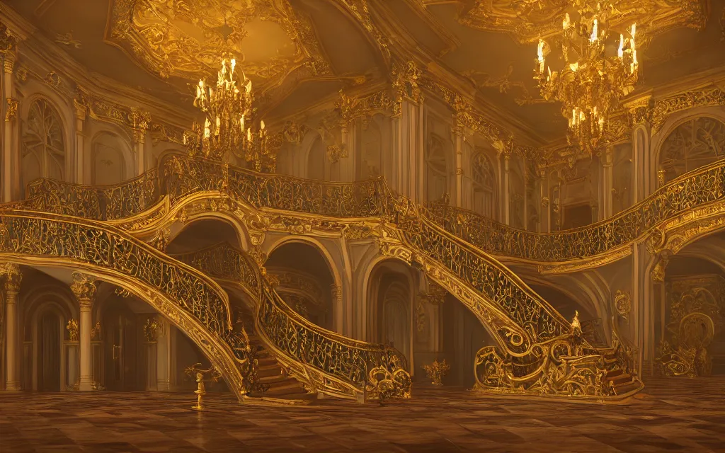 Image similar to a large royal staircase inside of an estate with high ceilings, beautiful lighting, fantasy colors, vivid colors!, highly detailed, octane render, 4 k, focused, extreme details, unreal engine 5, cinematic, trending on artstation, deviantart featured