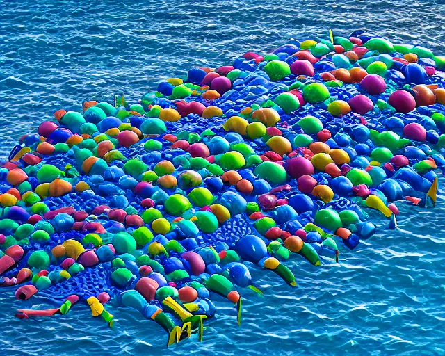 Prompt: a long shot of a giant award winning sculpture made out of a lot of inflatable pool toys in the shape of a human head, on the surface of the ocean, in the style of chad knight, hyper detailed, hyper realistic, ray tracing, 8 k resolution, sharp focus, realistic water