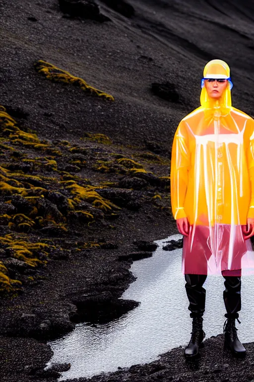 Image similar to an ultra high definition professional high fashion portrait studio full length photograph of a male model wearing a transparent pearlescent raincoat and neon visor in an icelandic black rock environment at dawn. no artefacts. extremely detailed. stark. refraction. shallow depth of field. volumetric light and shadow. ray tracing. light rays.