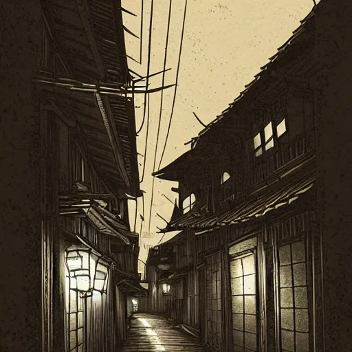 Image similar to Medieval Kyoto street at night, street level, cinematic lighting, 4k, trending on artstation, low key, intricate ink illustration, digital art, ultra detailed, art by albert bierstadt