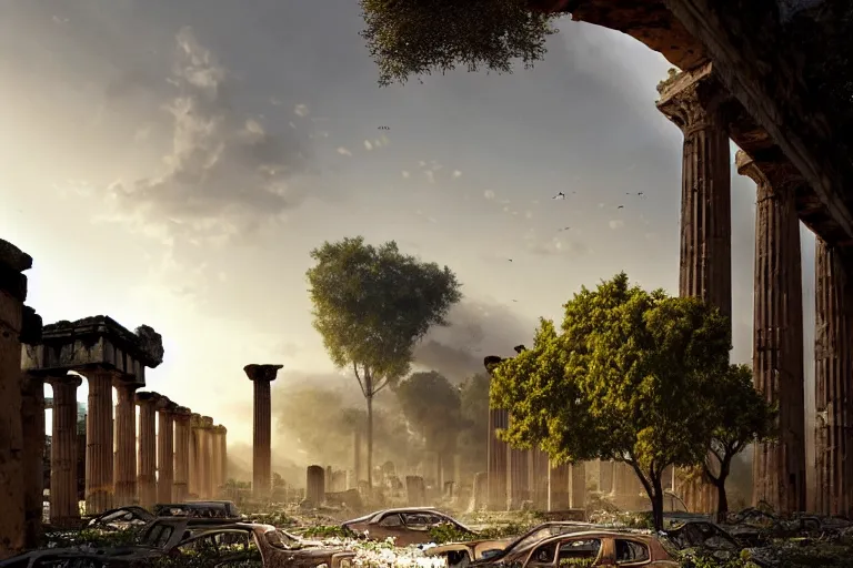 Prompt: tree growing in ancient greek ruins, gray wasteland, many scrap cars, plastic waste, rubble, pillars and arches, flowers, vines, hyperrealistic, highly detailed, cinematic, single ray of golden sunlight, beautiful, cgssociety, artstation, 8 k, oil painting by greg rutkowski, by artgerm, by wlop