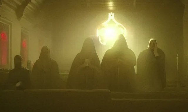 Image similar to a cultist ceremony, cultists with robes and masks, church interior, satanic church interior, the fog. horror lighting, found footage