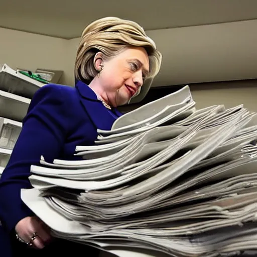 Image similar to a candid photo of hillary clinton as she desperately tries, unsuccessfully, to shred a large stack of laptops.