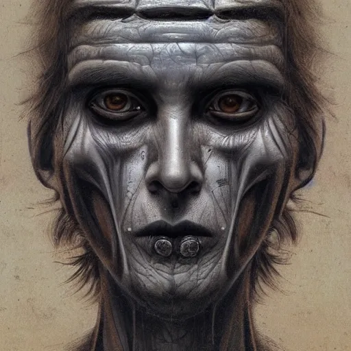 Image similar to surreal portrait of a man by Greg Rutkowski and H.R Giger, symmetrical face, he is about 30 years old, west slav features, short blonde hair with bangs, attractive, smart looking, slim, somewhat androgenic, transformed into a kind of biomechanical transhuman god, disturbing, terrifying but fascinating, with a determined and sinister expression on his face, cosmic void background, frightening, fascinating, highly detailed portrait, digital painting, book cover, artstation, concept art, smooth, sharp foccus ilustration, Artstation HQ