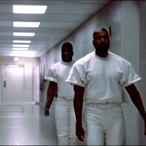 Image similar to a frame the movie andromeda strain, starring kanye west, hallway scene, panning shot, in focus