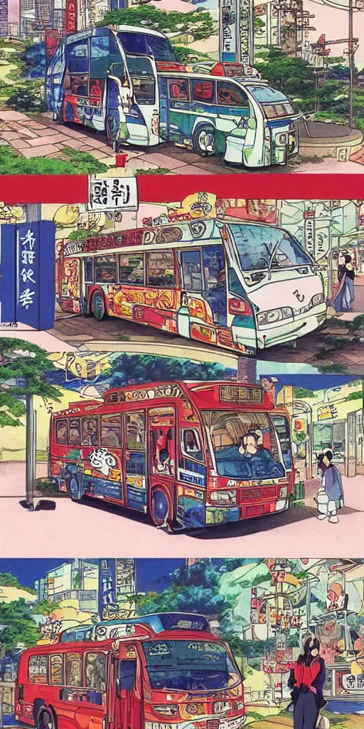 Prompt: a panda express bus in japan, 1990s anime, full color, tarot card the chariot, highly detailed