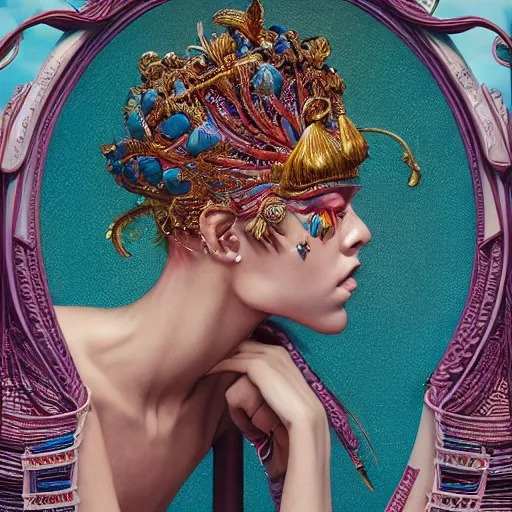 Image similar to pretty model as goddess : : by martine johanna and simon stalenhag and chie yoshii and casey weldon and wlop : : ornate, dynamic, particulate, rich colors, intricate, elegant, highly detailed, vogue, harper's bazaar art, fashion magazine, smooth, sharp focus, 8 k, octane render