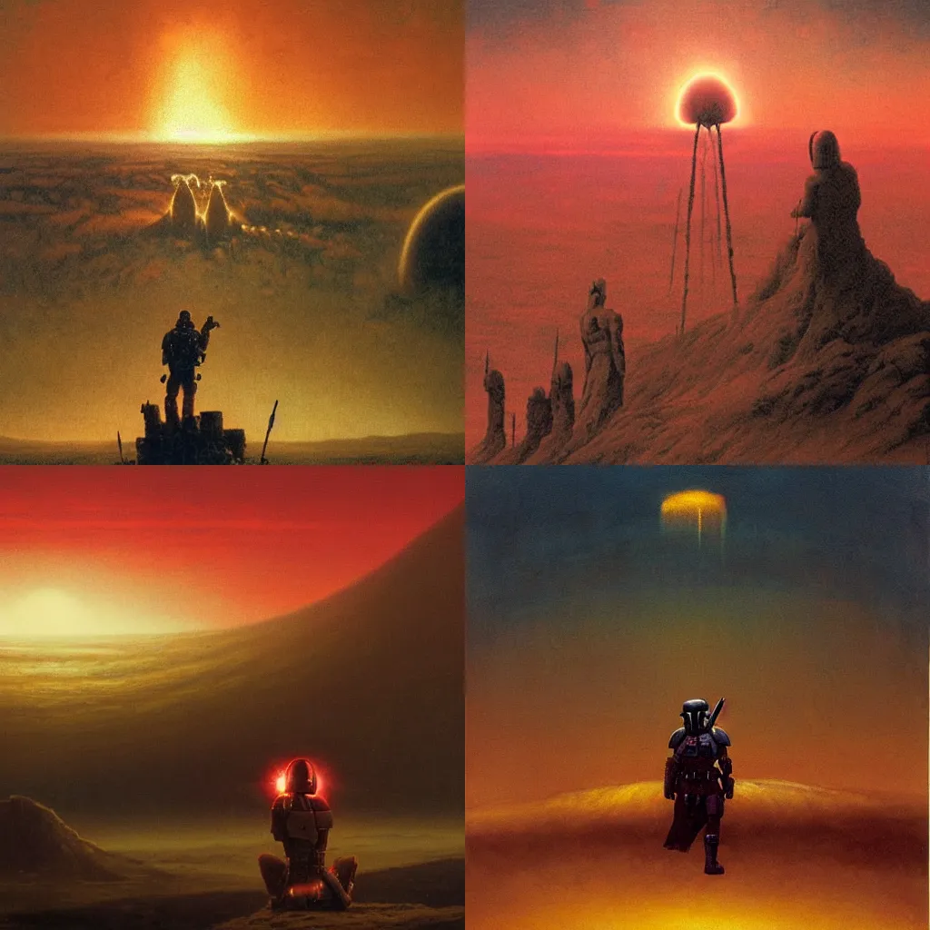 Prompt: close mid shot of mandalorian watching nuclear explosion on jupiter during sunset , panoramic cinematic very sharp oil painting by beksinski