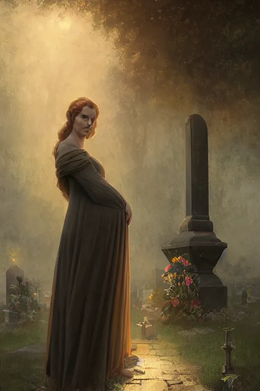 Image similar to portrait of a pregnant widow next to the grave, illustration, dramatic lighting, soft details, painting oil on canvas, art deco, octane render, HDR, 4k, 8k, HD, by Edmund Blair Leighton, Brom, Charlie Bowater, trending on artstation, faces by Tom Bagshaw, Sargent