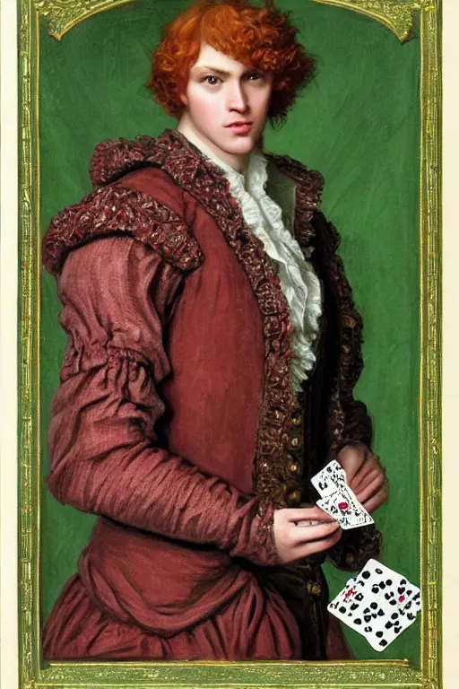 Image similar to intricate beautiful wide - shot, the handsome man, blonde reddish hair, in green and pink clothes of 1 7 th century, holds playing cards, in card's player by sezanne, matte painting, renaissance painting, by paul sezanne by leyendecker, by artgerm, rutkowskyi