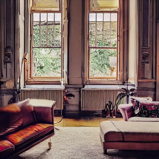 Prompt: a living room filled with furniture and lots of windows, a still life by ruth collet, featured on pexels, maximalism, maximalist, hall of mirrors, sanctuary