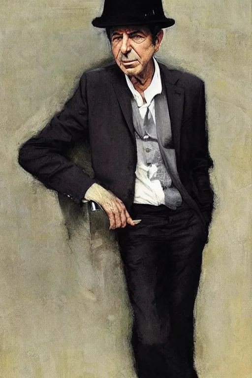 Image similar to “portrait of Leonard Cohen, impeccably dressed, wearing trilby hat, by Robert McGinnis”