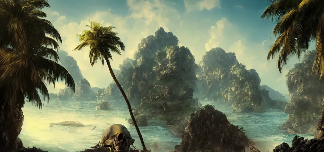 Prompt: a tropical pirate Island with white beach, palm trees and a cave in Form of a skull carved in a Mountain, dramatic lighting, cinematic, establishing shot, extremly high detail, photo realistic, cinematic lighting, post processed, concept art, artstation, matte painting, style by eddie mendoza, raphael lacoste, alex ross