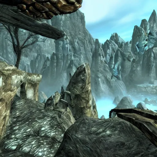 Image similar to The world of Skyrim in Playstation 1 graphics