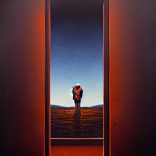 Image similar to a gust of night pushed its way in the door by jeffrey smith, oil on canvas