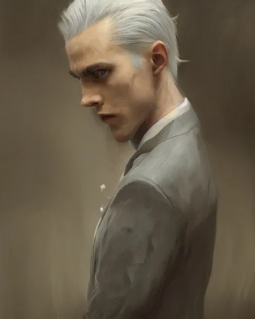 Prompt: A hyper realistic oil painting of a 20 year old high elf with a sharp facial features, dressed in a grey suit, shoulder length black hair, clean shaven, dark eyes, by Greg Rutkowski, creepy atmosphere, moody cinematic lighting, trending on artstation