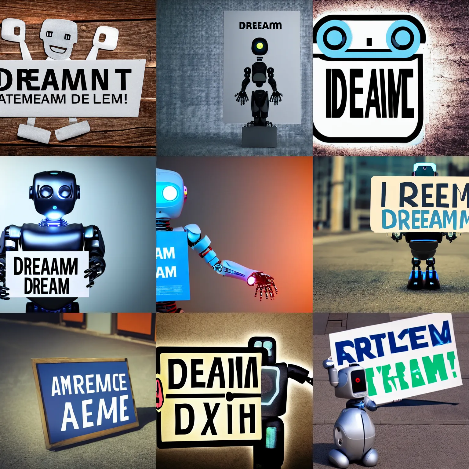 Image similar to artificial intelligence robot holding a sign with text that reads : dream