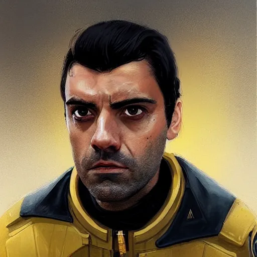 Prompt: portrait of a man by greg rutkowski, he looks like oscar isaac, star wars expanded universe, he is about 3 0 years old, wearing yellow and black starfighter pilot uniform from the galactic triunvirate.