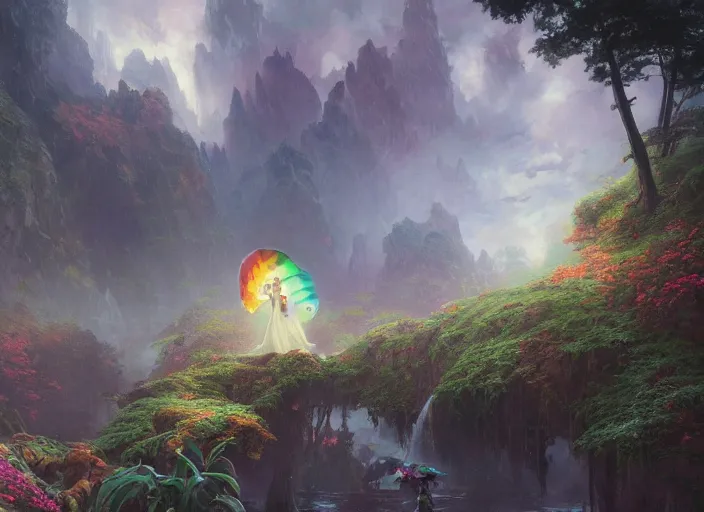 Image similar to 🌈🍄::3, Fantasy LUT, high contrast, epic composition, sci-fi, dreamlike, surreal, angelic, cinematic, 8k, unreal engine, hyper realistic, fantasy concept art, Stanley Artgerm Lau, greg rutkowski, thomas kindkade, alphonse mucha, loish, norman Rockwell,