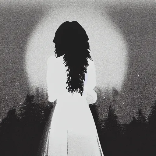 Prompt: a silhouette of a long haired woman, unsettling, album art,
