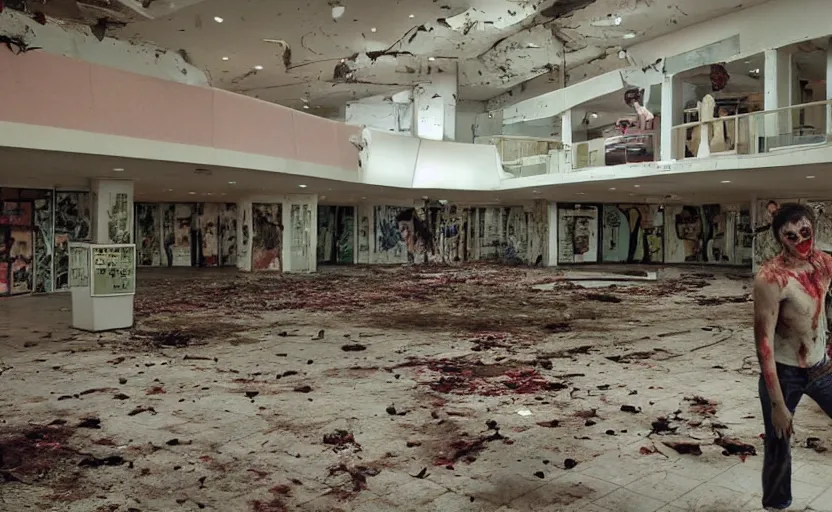 Image similar to A 1980s abandoned shopping mall filled with hoards of zombies, cinematic