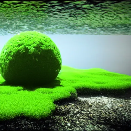 Image similar to man made of marimo moss balls running at the bottom of a lake, unreal engine, high detail