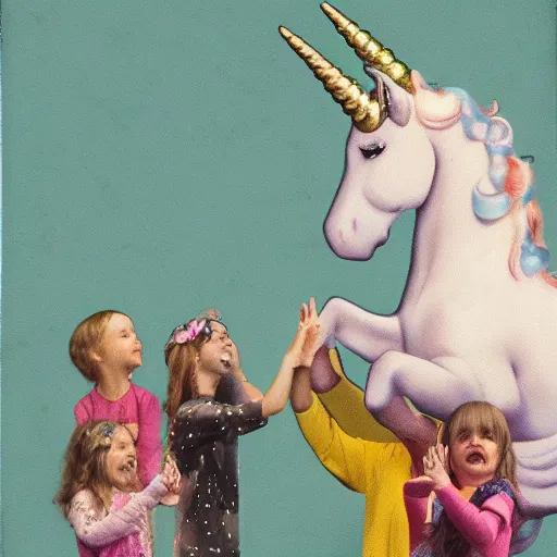 Image similar to by tony northrup mood, lavish robin egg blue, polaroid. a illustration of a pantomime unicorn onstage, surrounded by a group of children who are clapping & cheering. the unicorn is wearing a sparkly costume & has a long, flowing mane. its horn is glittering & its eyes are wide open.