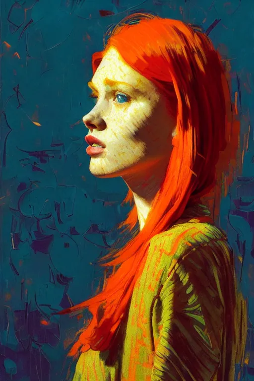 Prompt: portrait of a beautiful redhead girl, complementary colors, beautiful face, rule of thirds, intricate outfit, spotlight, by greg rutkowski, by jeremy mann, by francoise nielly, by van gogh, digital painting