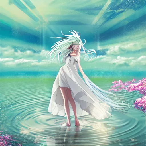 Image similar to advanced digital anime art, girl with long sky blue hair wearing a white dress swirling while standing in the middle of a lake twirling the water around her. —W 2048 —H 1080