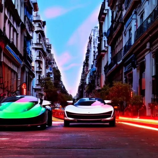 Image similar to Buenos Aires Argentina, futuristic cars in the street, holograms in the street, detailed, hd