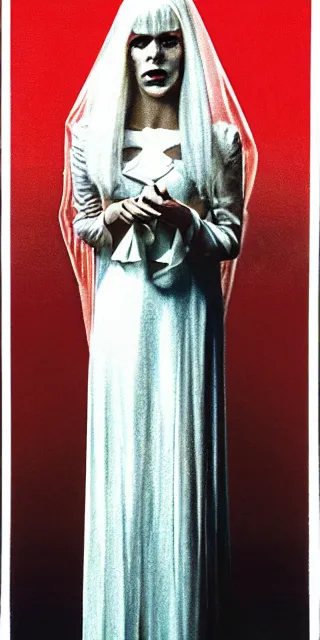 Image similar to Movie poster for a horror film about a tall scary woman in a white dress, 1978