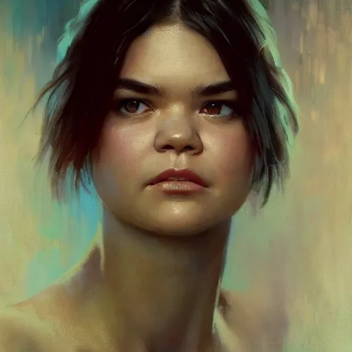 Prompt: maia mitchell, hyperrealistic full figure, bladerunner street alley, art of elysium by frank frazetta and by jeremy mann and by alphonse mucha, fantasy art, photo realistic, dynamic lighting, artstation, full figure poster, volumetric lighting, very detailed face, 4 k, award winning